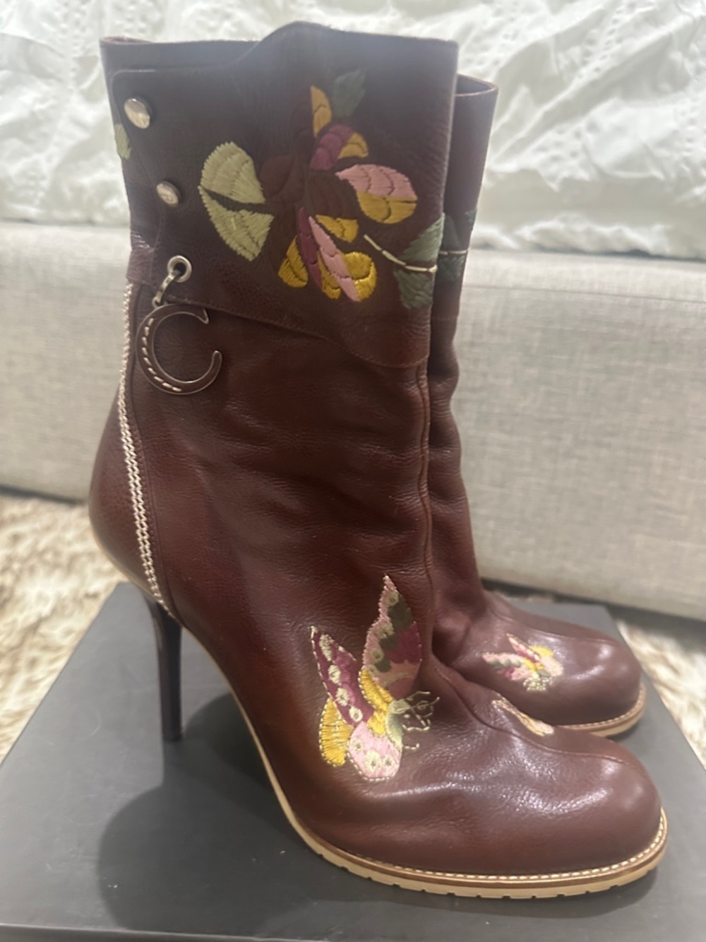 DIOR Burgundy-dark brown Leather Embroidered Butterfly & Floral CD Boots